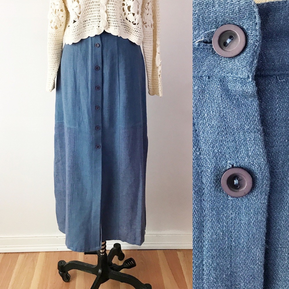 Blue Linen-Look Maxi Skirt Button Front High Waisted Side Slit 4 - Picture 2 of 8